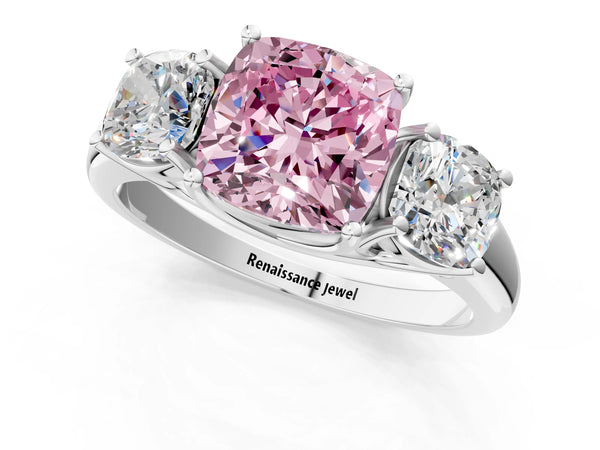 White Gold Cushion Cut Trellis Three Stone Engagement Ring Setting for Fancy Pink Center