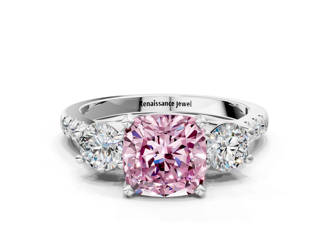 White gold Three-Stone Fancy Pink Cushion  Cut Diamond Pavé Band with Four-Prong Setting_28