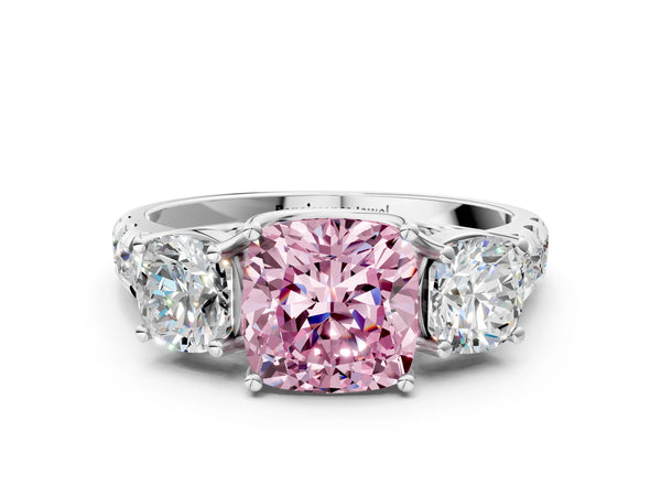 White gold Three-Stone Fancy Pink Cushion Cut Diamond Pavé Band with Prong Setting