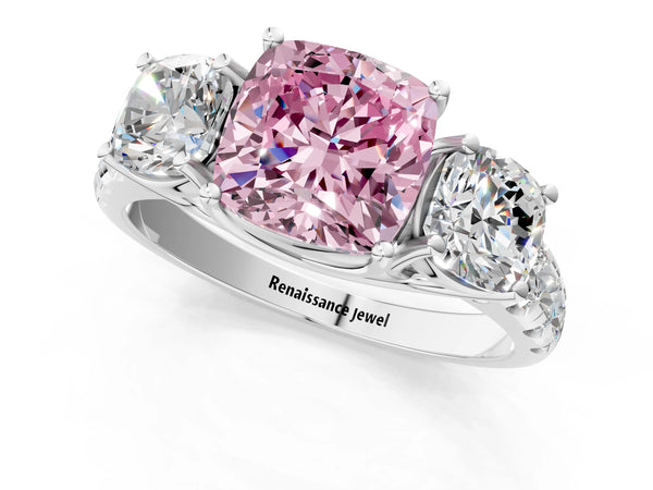 White gold Three-Stone Fancy Pink Cushion Cut Diamond Pavé Band with Prong Setting
