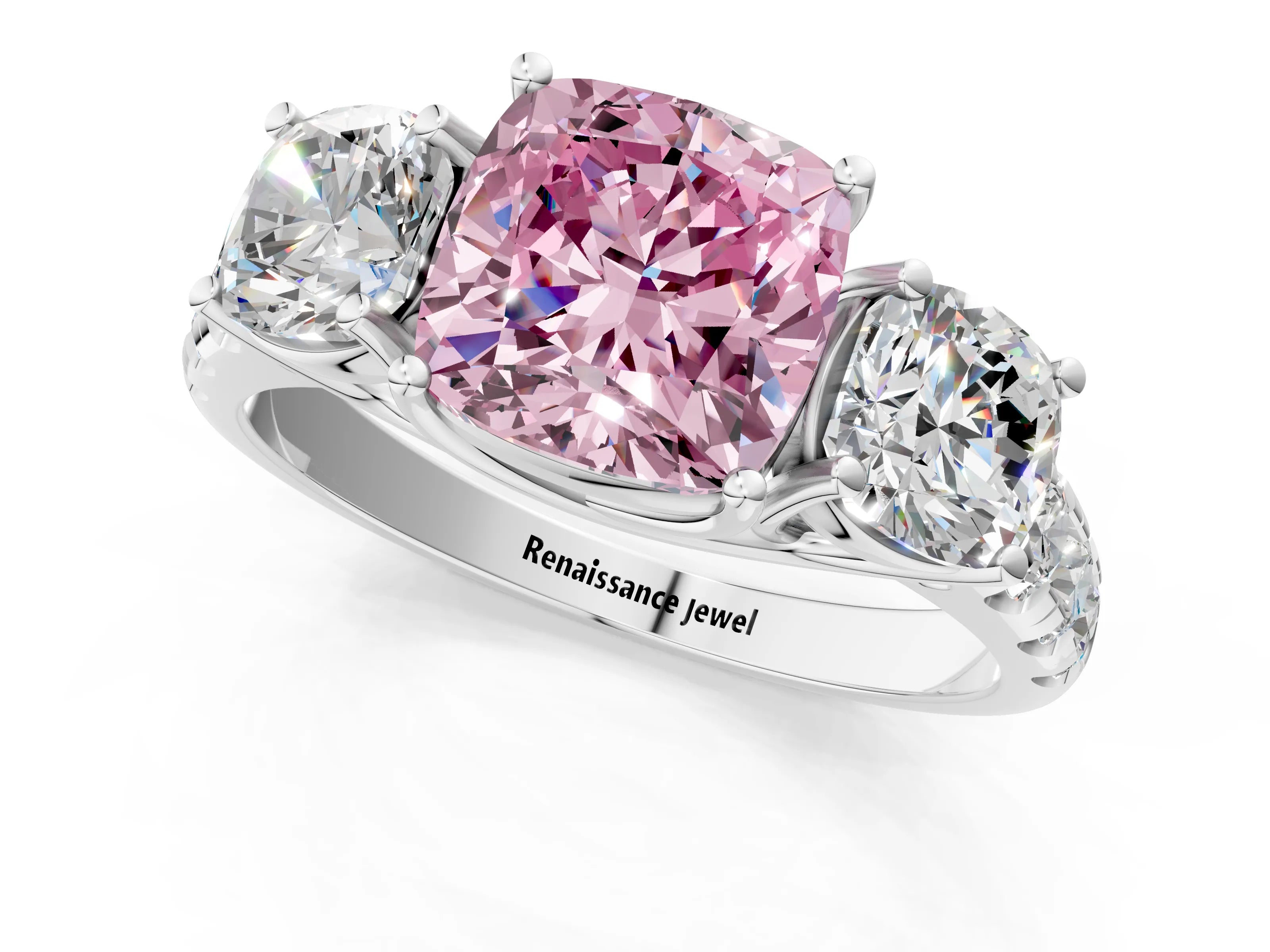 White gold Three-Stone Fancy Pink Cushion Cut Diamond Pavé Band with Prong Setting_13