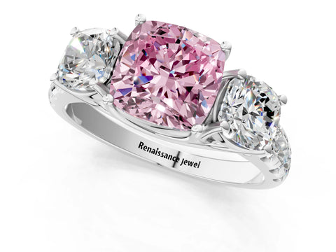 White gold Three-Stone Fancy Pink Cushion Cut Diamond Pavé Band with Prong Setting_13