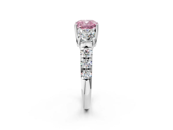 White gold Three-Stone Fancy Pink Cushion Cut Diamond Pavé Band with Prong Setting