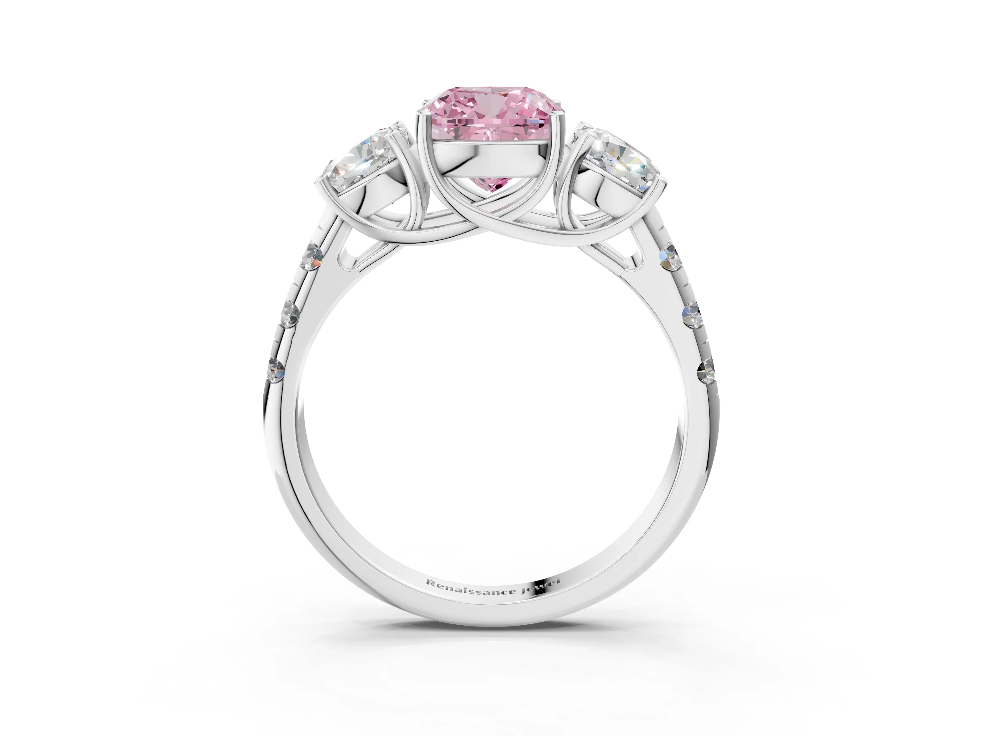 White gold Three-Stone Fancy Pink Cushion Cut Diamond Pavé Band with Prong Setting_15