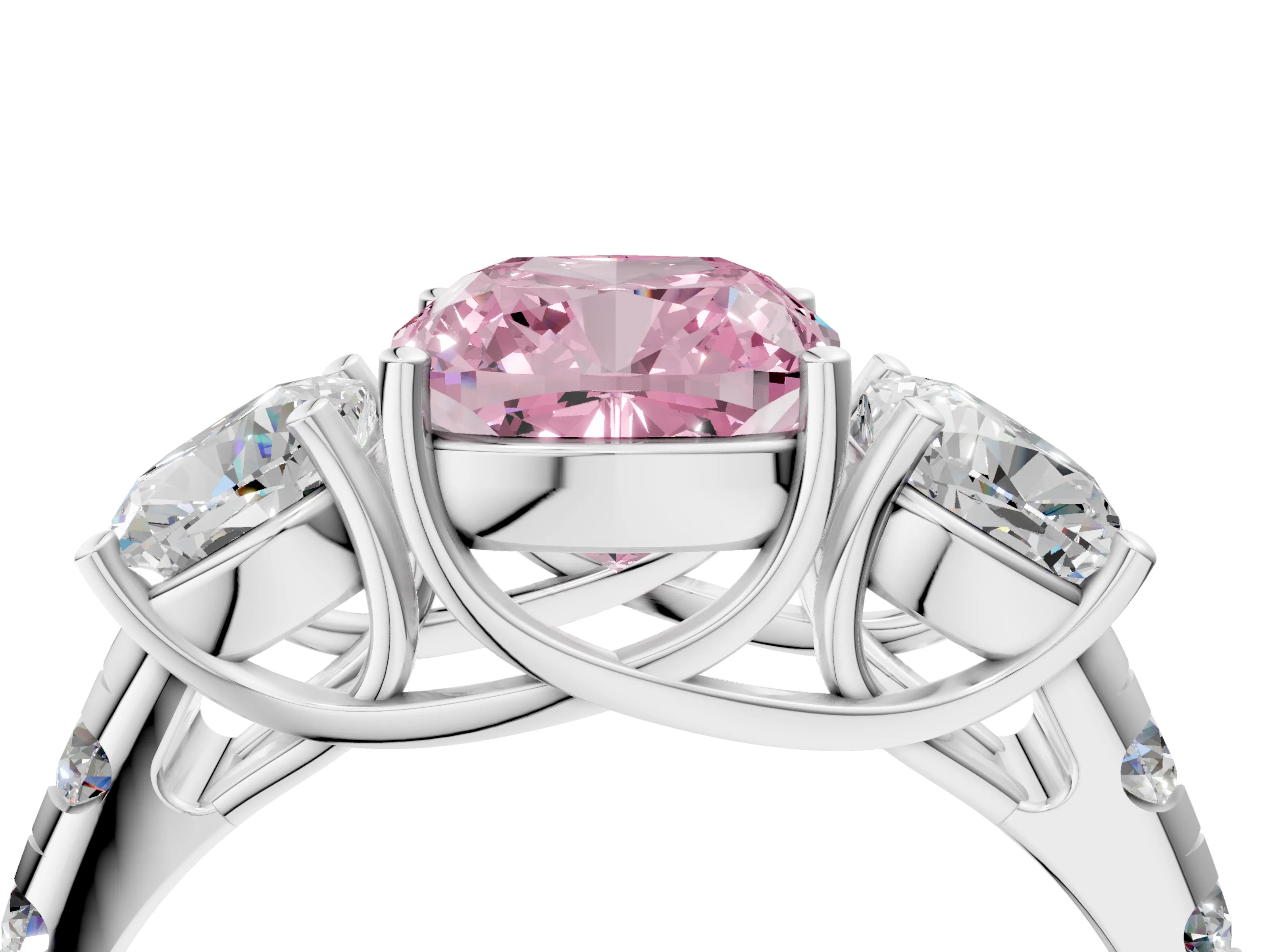 White gold Three-Stone Fancy Pink Cushion Cut Diamond Pavé Band with Prong Setting_16