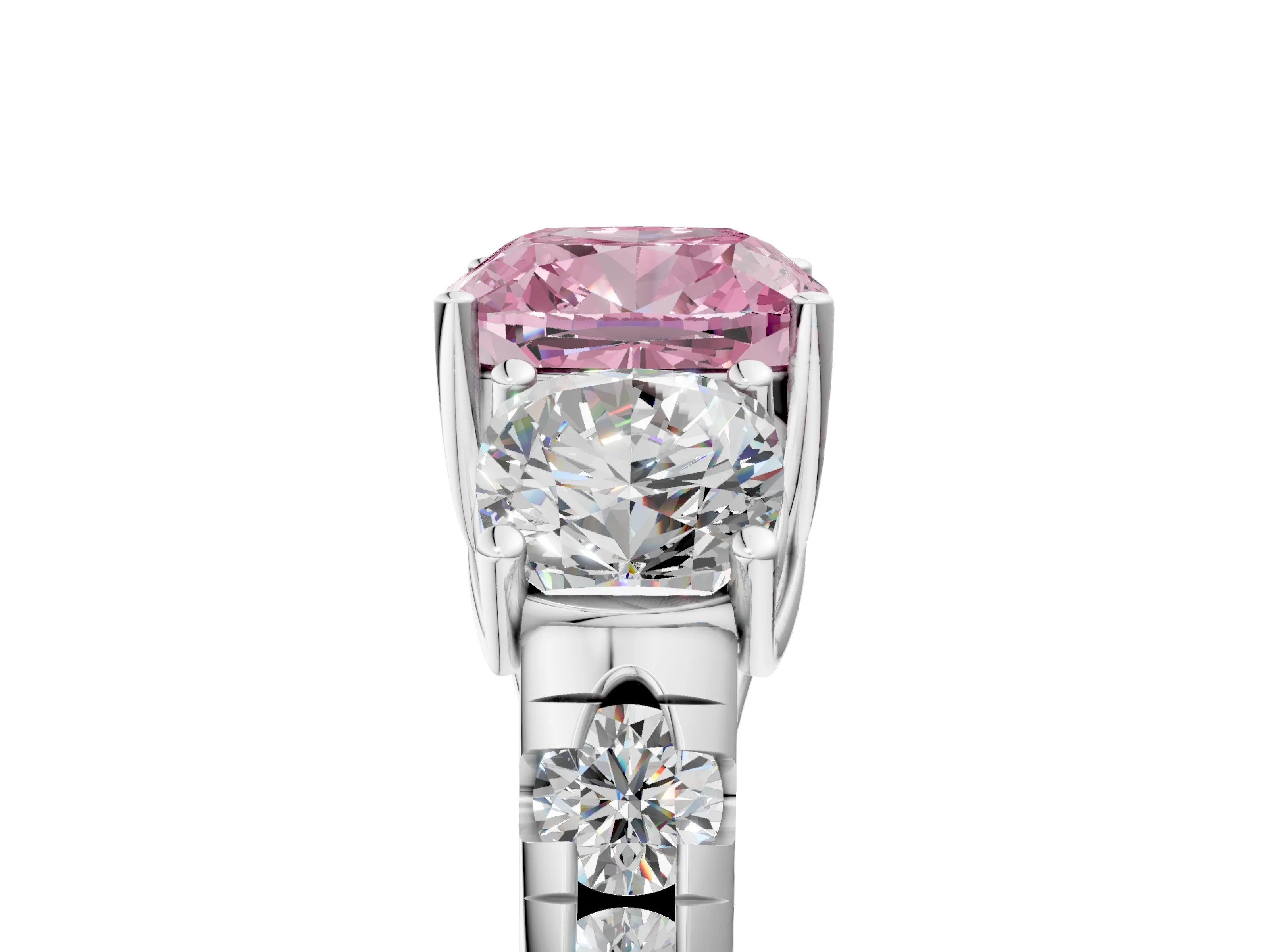 White gold Three-Stone Fancy Pink Cushion Cut Diamond Pavé Band with Prong Setting_17