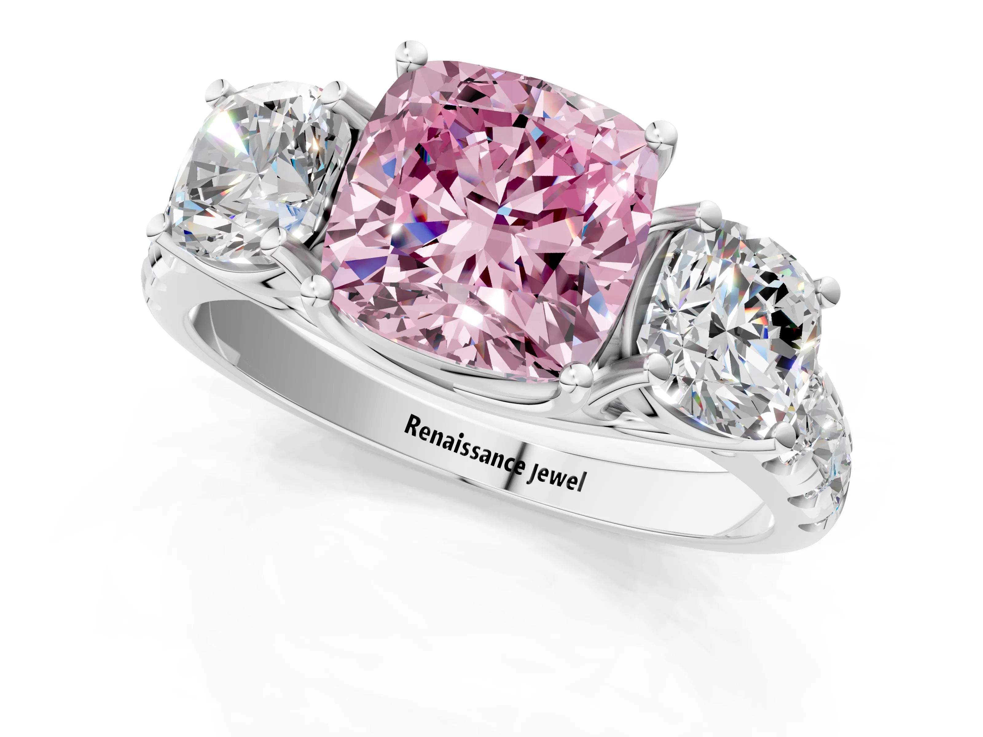 White gold Three-Stone Fancy Pink Cushion Cut Diamond Pavé Band with Prong Setting_1