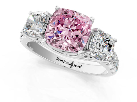 White gold Three-Stone Fancy Pink Cushion Cut Diamond Pavé Band with Prong Setting_1