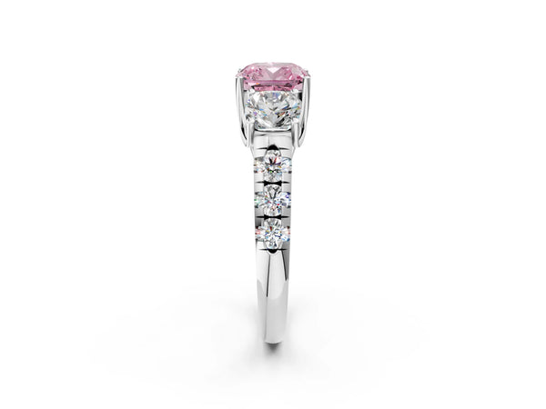 White gold Three-Stone Fancy Pink Cushion Cut Diamond Pavé Band with Prong Setting