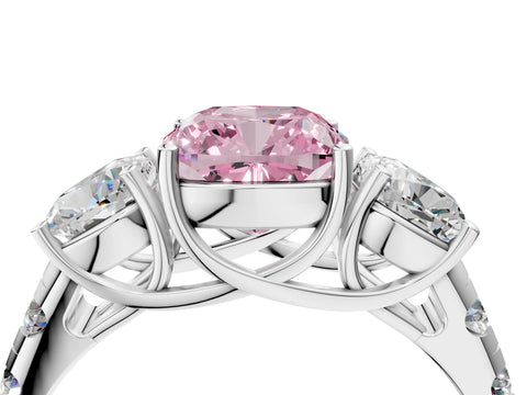 White gold Three-Stone Fancy Pink Cushion Cut Diamond Pavé Band with Prong Setting_4