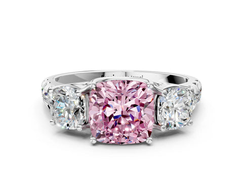 White gold Three-Stone Fancy Pink Cushion Cut Diamond Pavé Band with Prong Setting