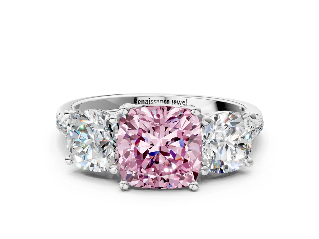 White gold Three-Stone Fancy Pink Cushion Cut Diamond Ring with Pavé Band and Prong Setting_135