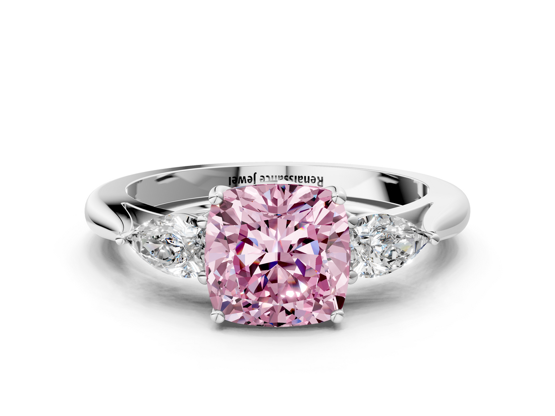 White gold Three-Stone Fancy Pink Cushion  Cut Diamond Ring with Pear Side Stones in Four-Prong Setting_109