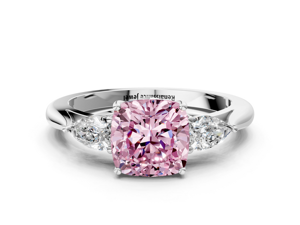White gold Three-Stone Fancy Pink Cushion  Cut Diamond Ring with Pear Side Stones in Four-Prong Setting