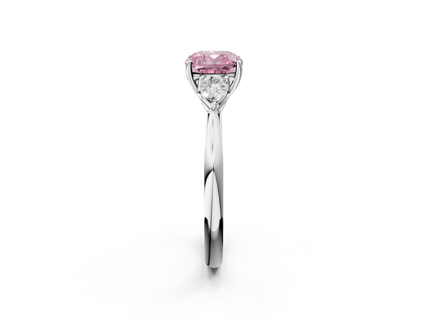 White gold Three-Stone Fancy Pink Cushion  Cut Diamond Ring with Pear Side Stones in Four-Prong Setting