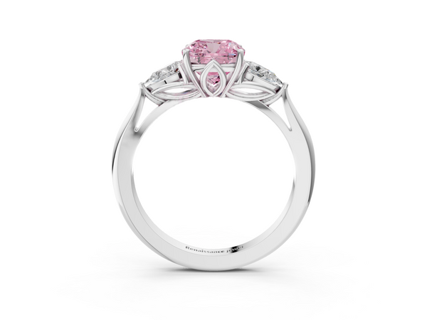 White gold Three-Stone Fancy Pink Cushion  Cut Diamond Ring with Pear Side Stones in Four-Prong Setting