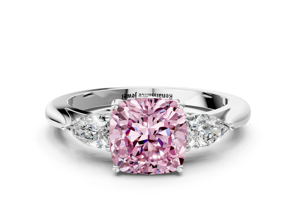 White gold Three-Stone Fancy Pink Cushion Cut Diamond Ring with Pear  Side Stones in Four-Prong Setting