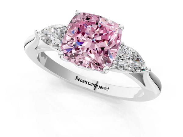 White gold Three-Stone Fancy Pink Cushion Cut Diamond Ring with Pear  Side Stones in Four-Prong Setting