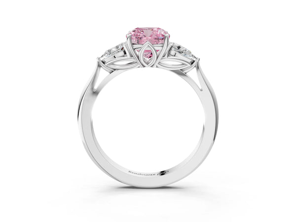 White gold Three-Stone Fancy Pink Cushion Cut Diamond Ring with Pear  Side Stones in Four-Prong Setting