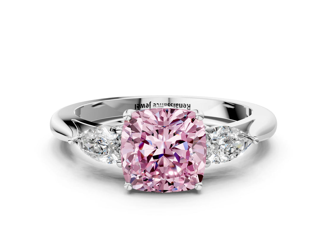 White gold Three-Stone Fancy Pink Cushion Cut Diamond Ring with Pear  Side Stones in Four-Prong Setting_60