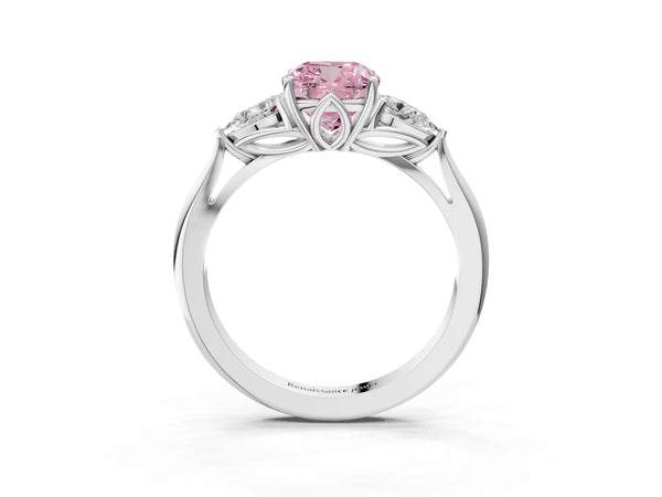 White gold Three-Stone Fancy Pink Cushion Cut Diamond Ring with Pear  Side Stones in Four-Prong Setting