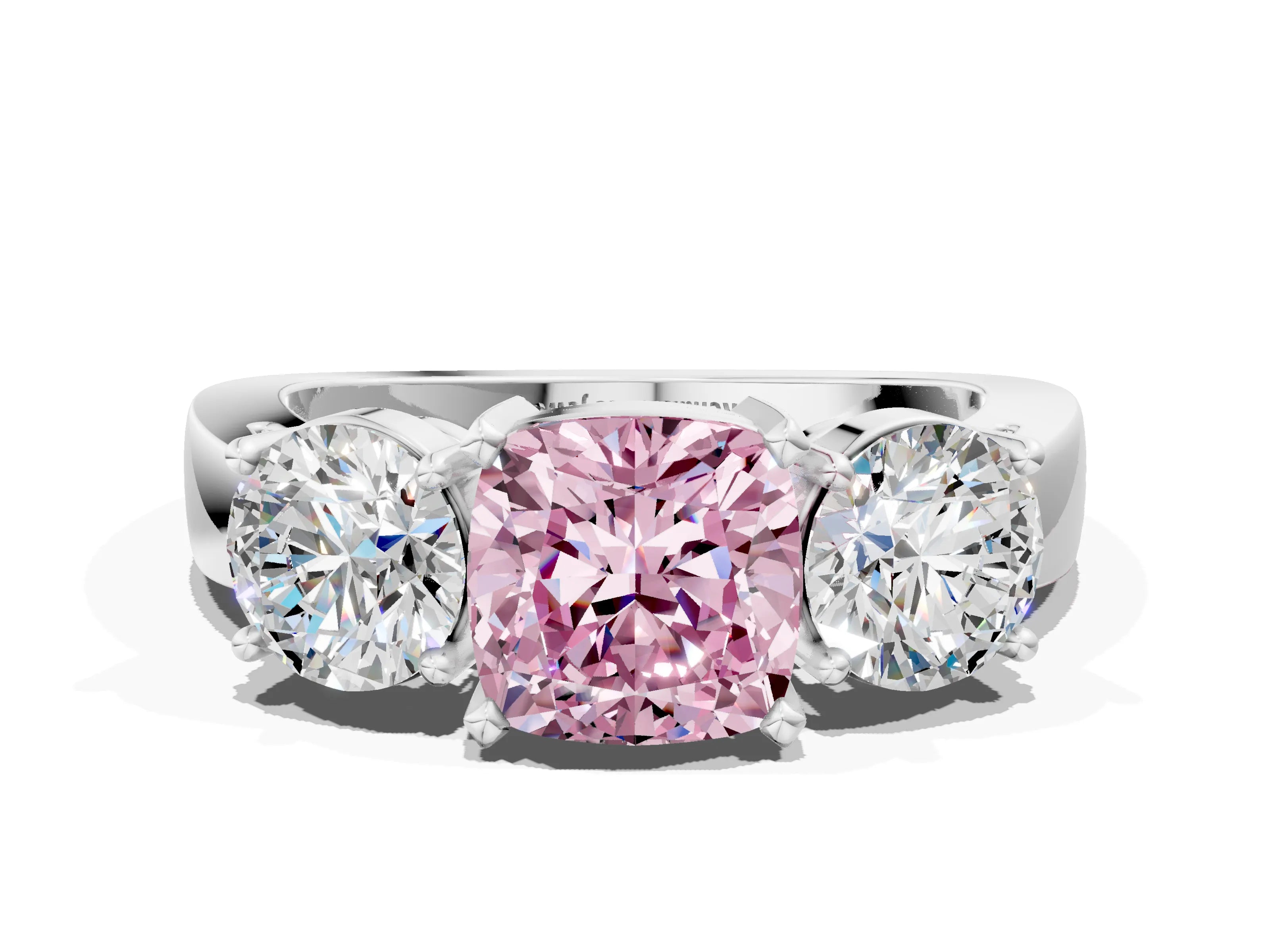 White gold Three-Stone Fancy Pink Cushion Cut Diamond Ring with Round Side Stones, Classic Band, and Four-Prong Setting_24