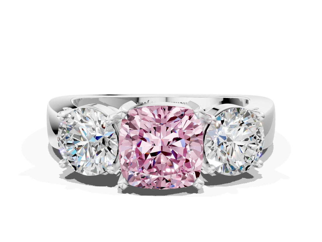 White gold Three-Stone Fancy Pink Cushion Cut Diamond Ring with Round Side Stones, Classic Band, and Four-Prong Setting_24