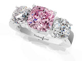 White gold Three-Stone Fancy Pink Cushion Cut Diamond Ring with Round Side Stones, Classic Band, and Four-Prong Setting_25