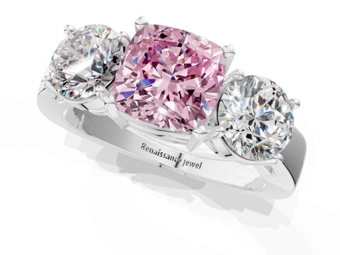 White gold Three-Stone Fancy Pink Cushion Cut Diamond Ring with Round Side Stones, Classic Band, and Four-Prong Setting_25