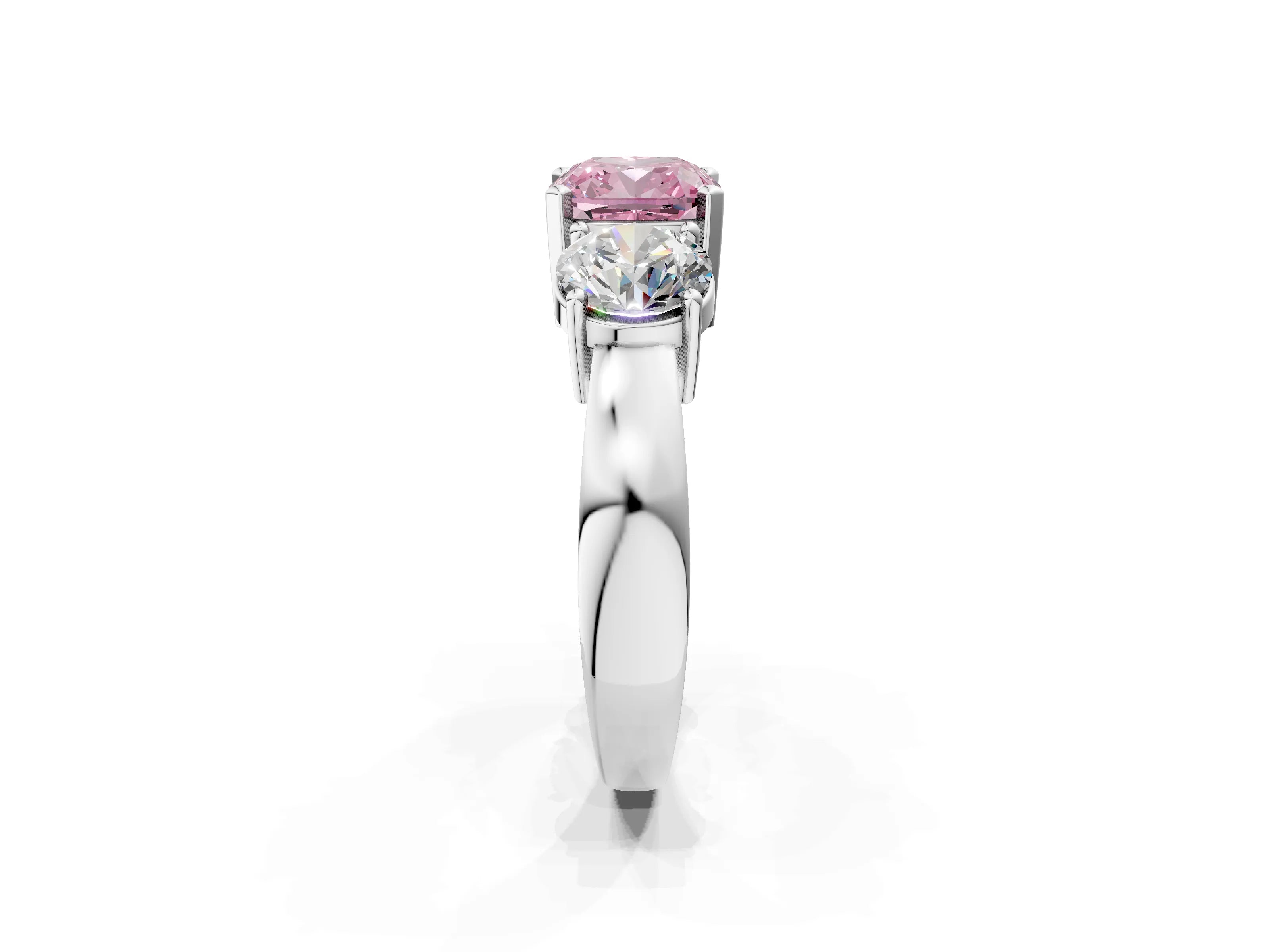 White gold Three-Stone Fancy Pink Cushion Cut Diamond Ring with Round Side Stones, Classic Band, and Four-Prong Setting_26