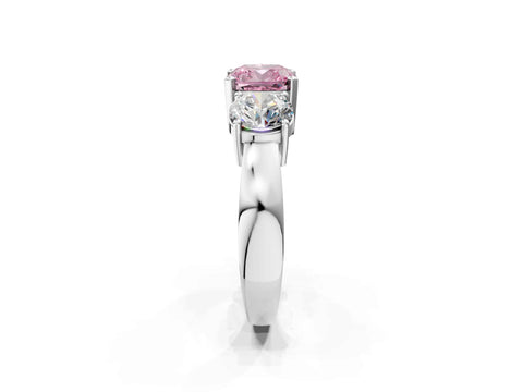 White gold Three-Stone Fancy Pink Cushion Cut Diamond Ring with Round Side Stones, Classic Band, and Four-Prong Setting_26