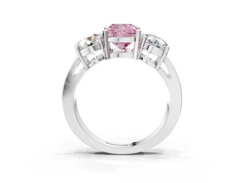 White gold Three-Stone Fancy Pink Cushion Cut Diamond Ring with Round Side Stones, Classic Band, and Four-Prong Setting_27