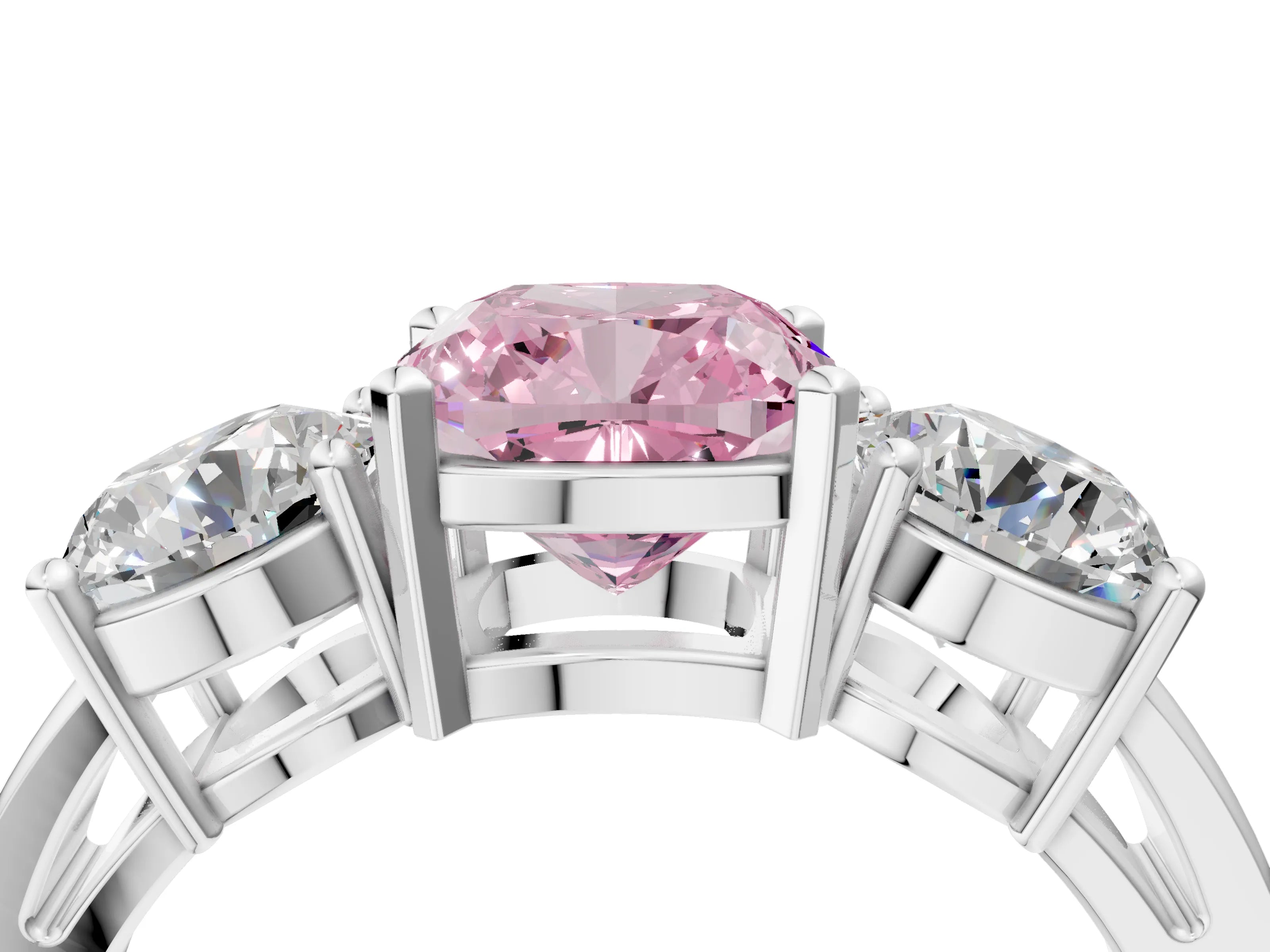 White gold Three-Stone Fancy Pink Cushion Cut Diamond Ring with Round Side Stones, Classic Band, and Four-Prong Setting_28