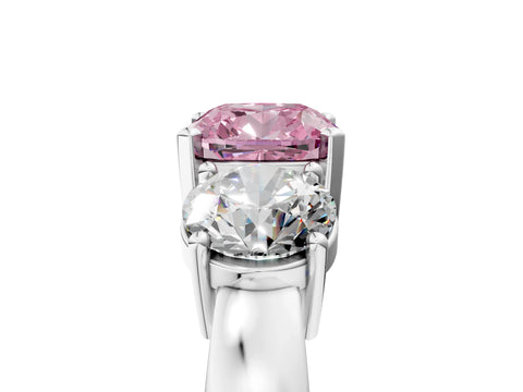 White gold Three-Stone Fancy Pink Cushion Cut Diamond Ring with Round Side Stones, Classic Band, and Four-Prong Setting_29