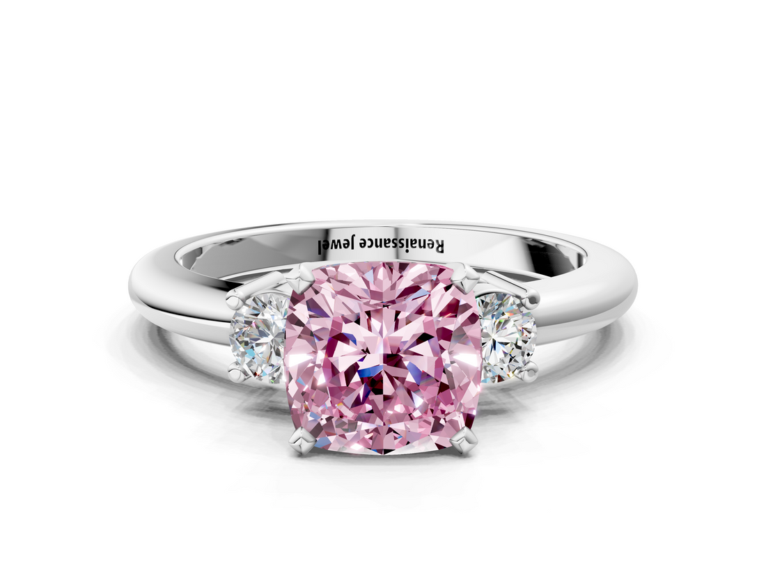 White gold Three-Stone Fancy Pink Cushion  Cut Diamond Solitaire with Prong Setting and Classic Band_60