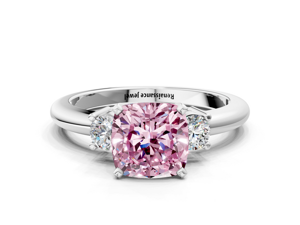 White gold Three-Stone Fancy Pink Cushion  Cut Diamond Solitaire with Prong Setting and Classic Band