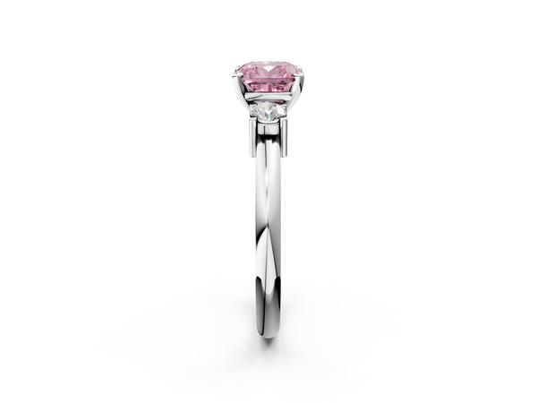 White gold Three-Stone Fancy Pink Cushion  Cut Diamond Solitaire with Prong Setting and Classic Band