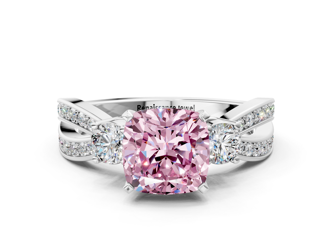 White gold Three-Stone Fancy Pink Cushion  Cut Diamond Twist Band with Prong Setting_49
