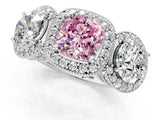 White gold Three-Stone Fancy Pink Cushion Cut Halo Diamond Milgrain Band with Four-Prong Setting_1