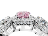 White gold Three-Stone Fancy Pink Cushion Cut Halo Diamond Milgrain Band with Four-Prong Setting_4