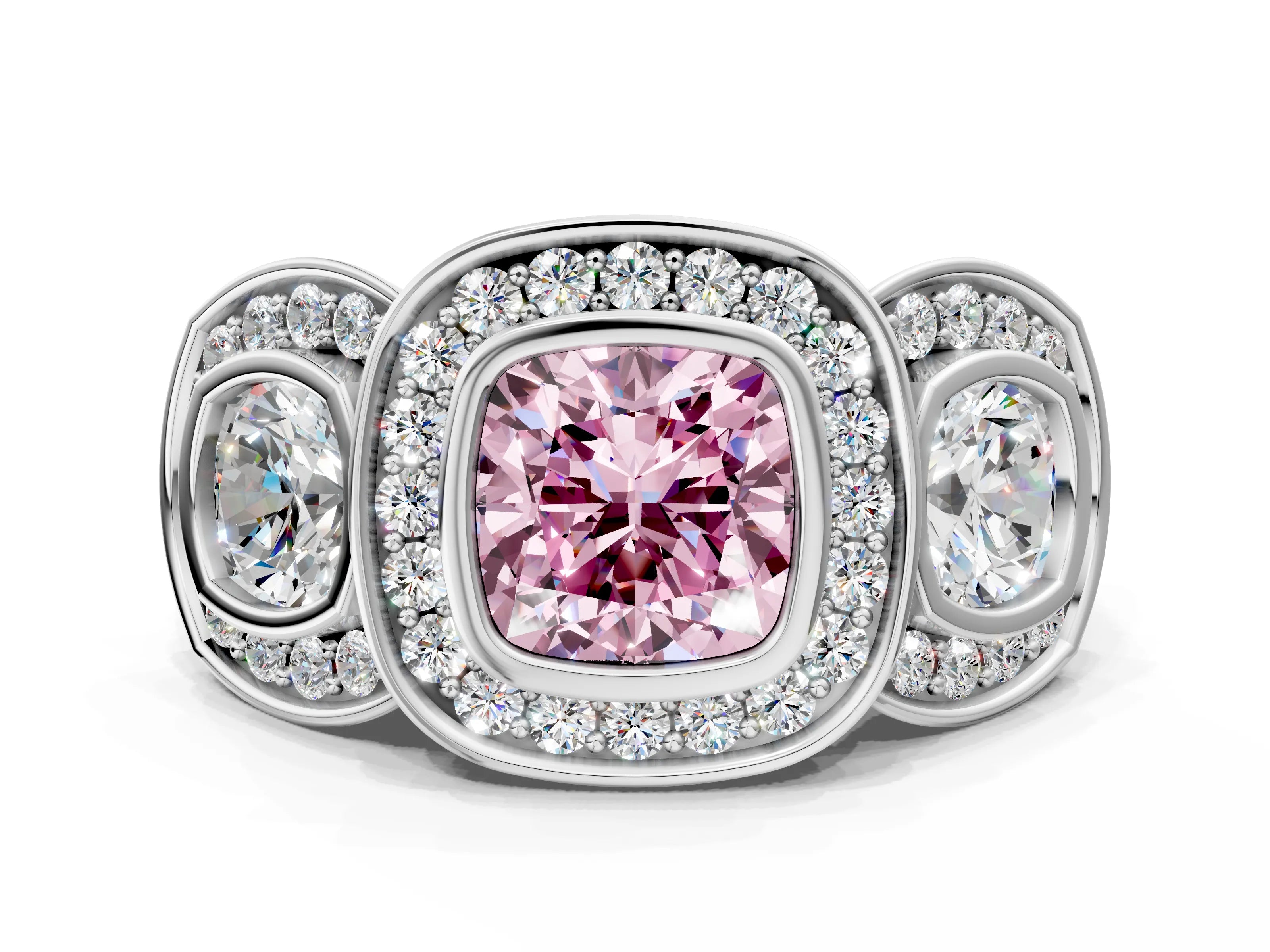 White gold Three-Stone Fancy Pink Cushion Cut Halo Pavé Diamond Ring