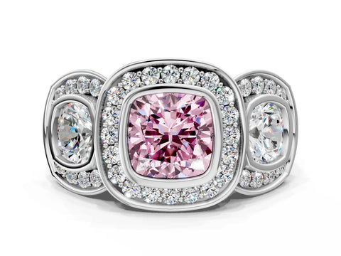White gold Three-Stone Fancy Pink Cushion Cut Halo Pavé Diamond Ring