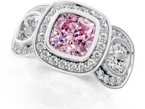 White gold Three-Stone Fancy Pink Cushion Cut Halo Pavé Diamond Ring_1