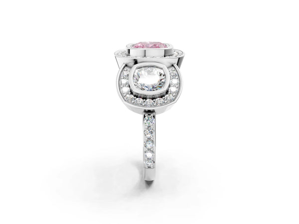 Platinum Cushion Cut Bezel Three Stone Halo Engagement Ring Setting for Fancy Pink Center
