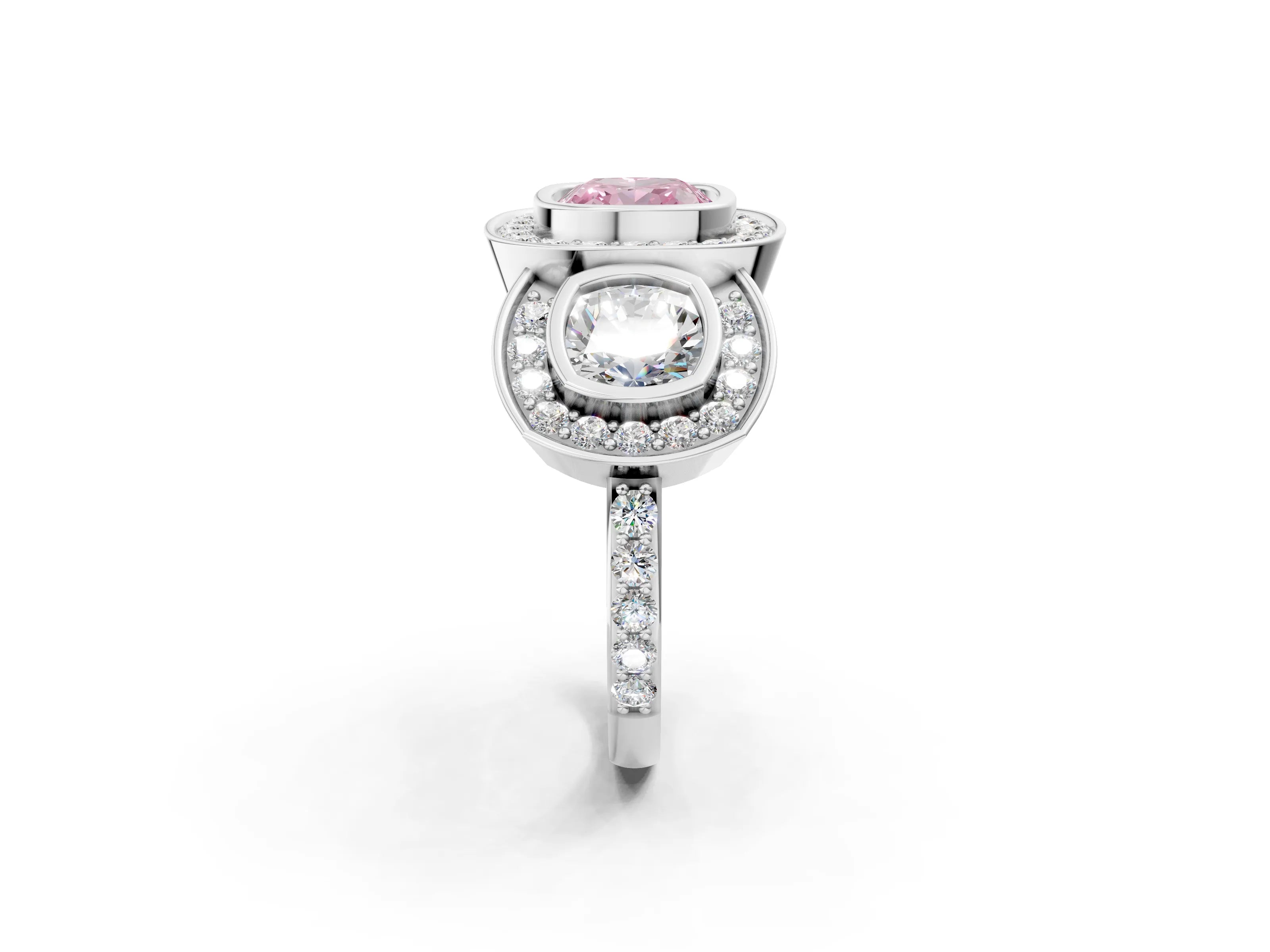 White gold Three-Stone Fancy Pink Cushion Cut Halo Pavé Diamond Ring_2