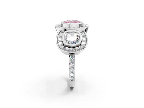 White gold Three-Stone Fancy Pink Cushion Cut Halo Pavé Diamond Ring_2