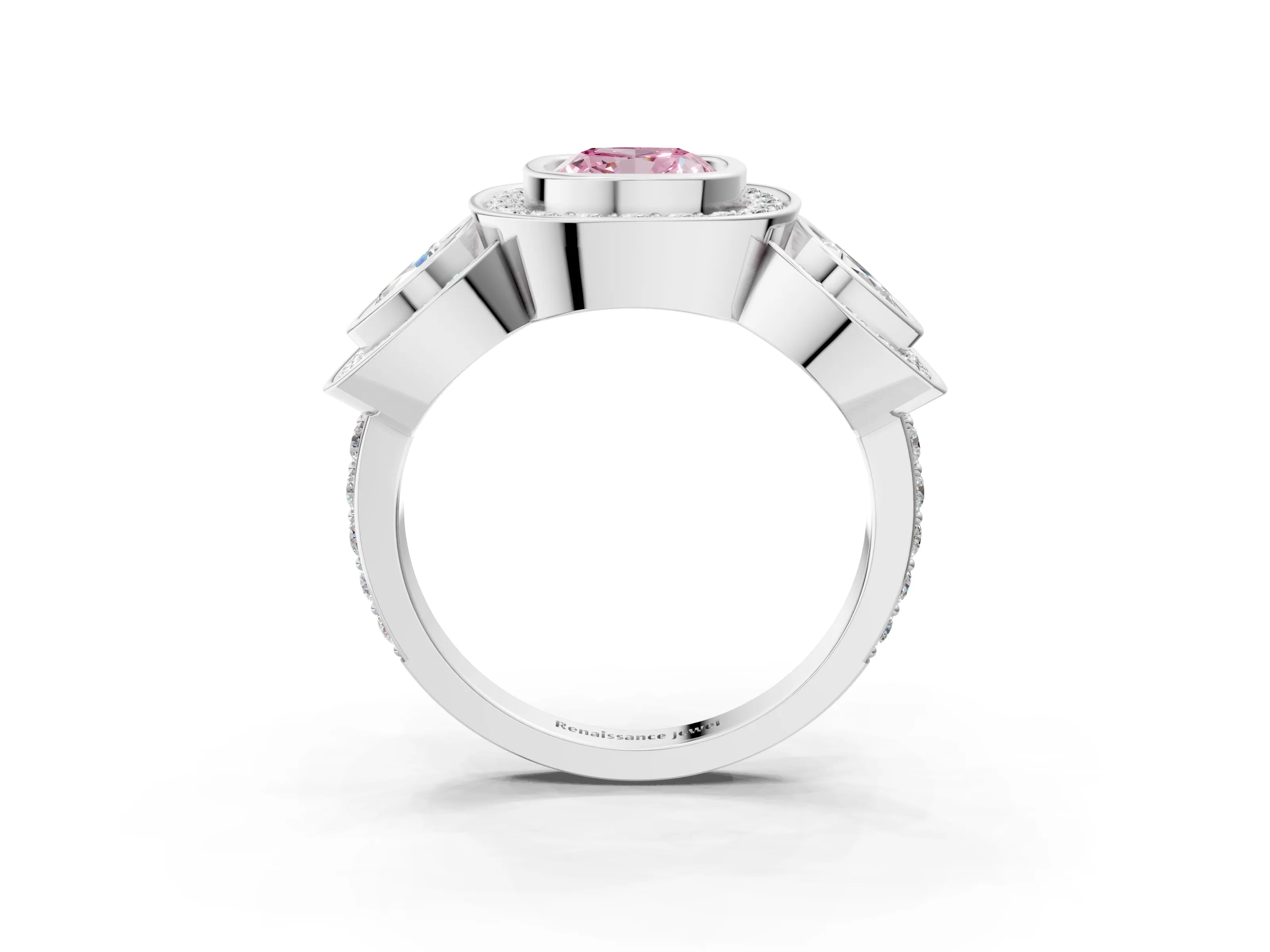 White gold Three-Stone Fancy Pink Cushion Cut Halo Pavé Diamond Ring_3