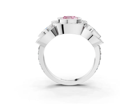 White gold Three-Stone Fancy Pink Cushion Cut Halo Pavé Diamond Ring_3