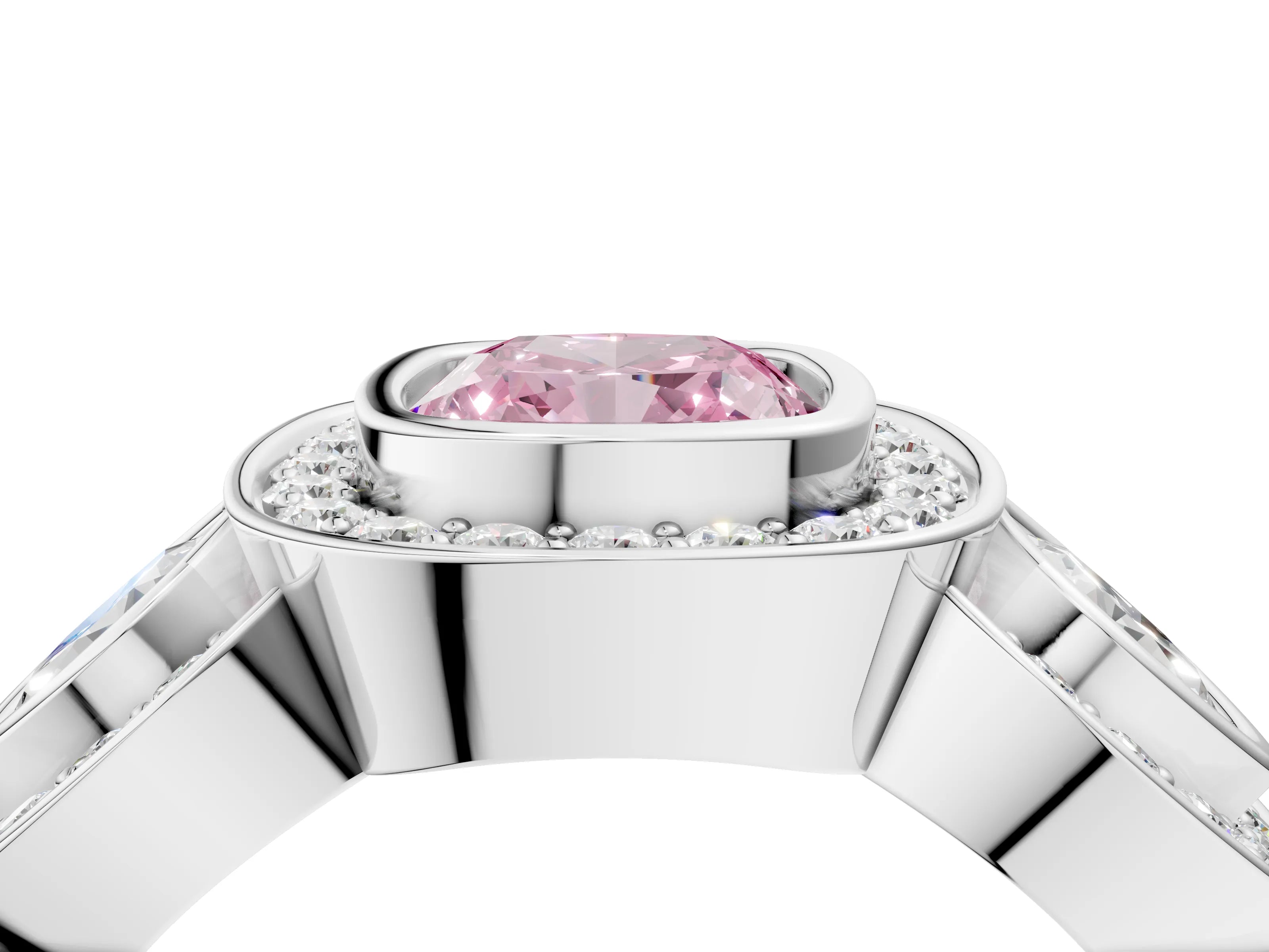 White gold Three-Stone Fancy Pink Cushion Cut Halo Pavé Diamond Ring_4