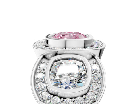 White gold Three-Stone Fancy Pink Cushion Cut Halo Pavé Diamond Ring_5